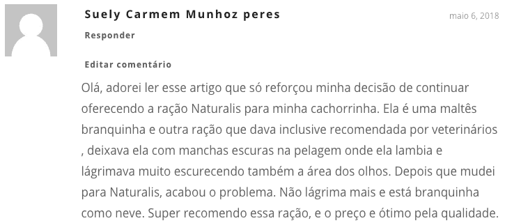 opinião da leitora com relação à ração Naturalis